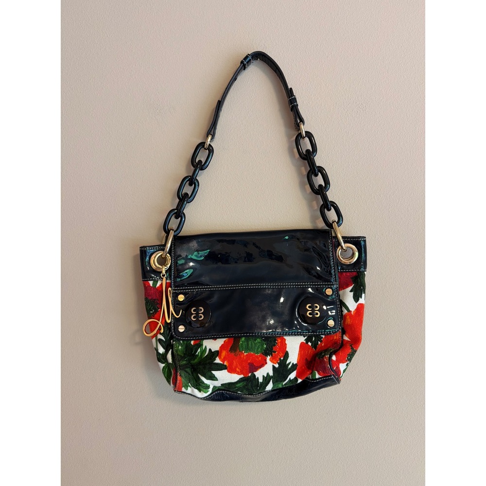Vintage Milly Floral Poppy Canvas Patent Leather Chain Strap Shoulder Bag
